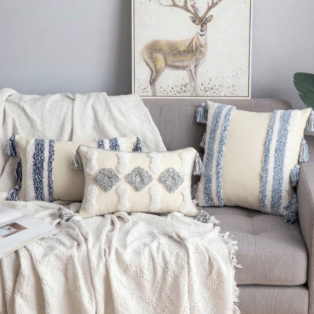 Luxury Home | Boho Chic Blue & White Tufted Woven Tassel Lumbar Pillow Cover - Picture 5 of 7